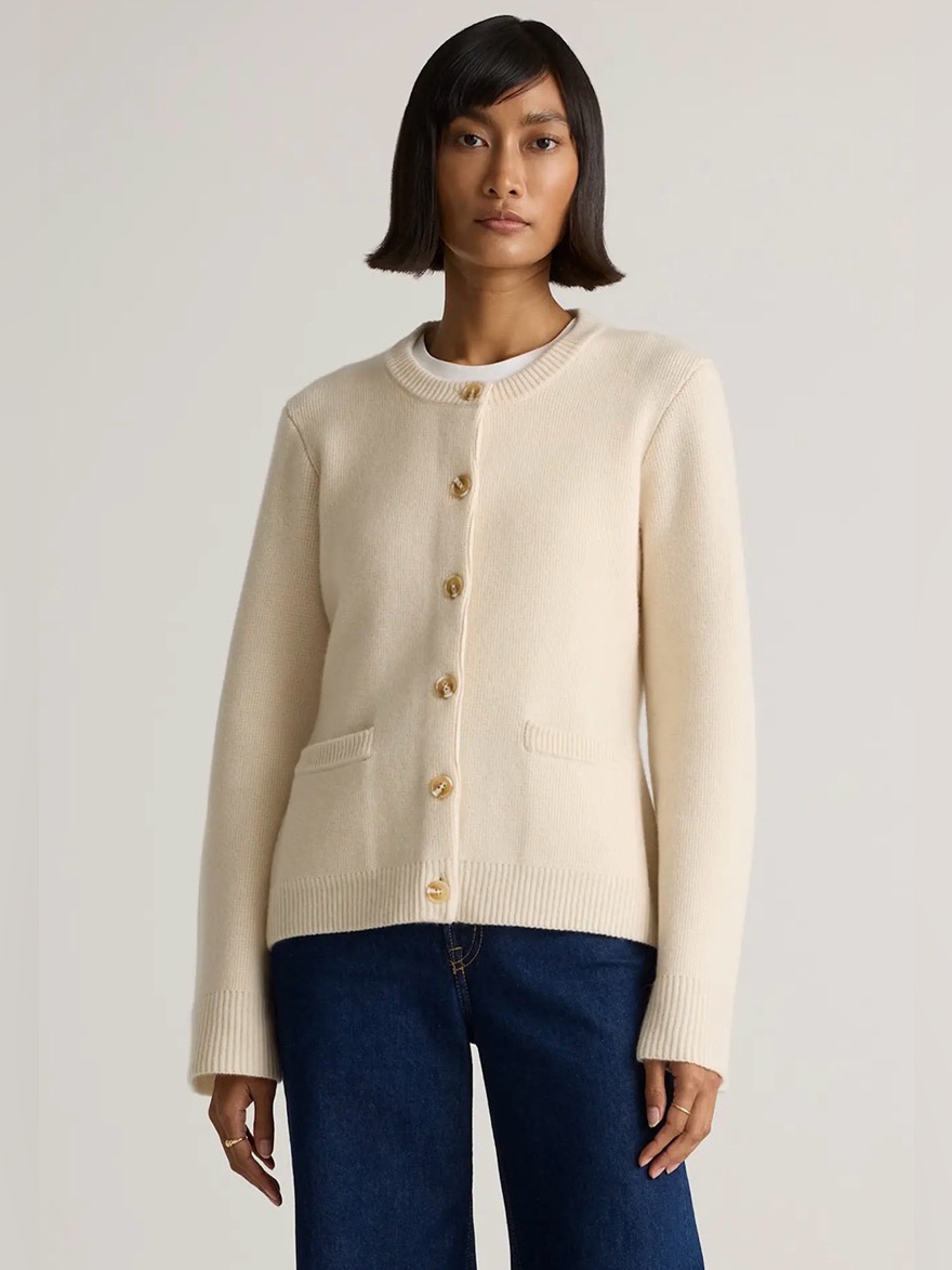 Quince Cream Button-Up Crewneck Cardigan